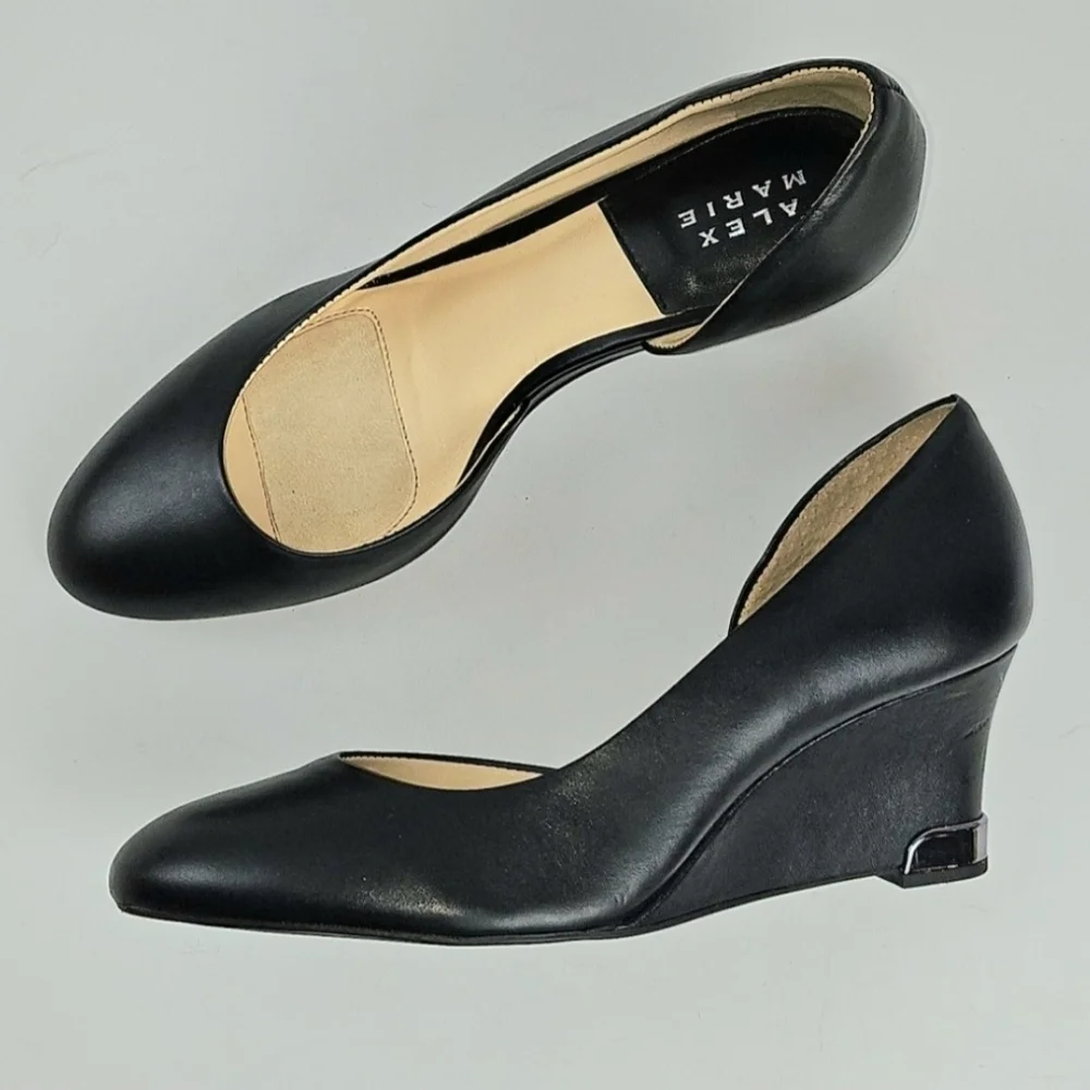 Alex Marie Laela Black Leather Round Toe Heel Cap D'Orsay Slip On Wedge Pump